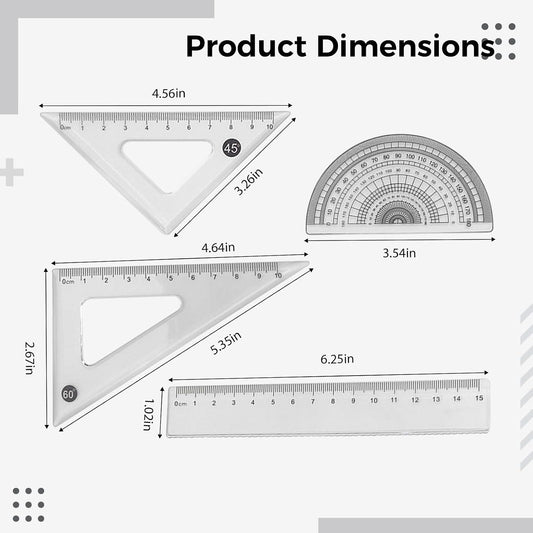 10 Pcs Ruler Set, Transparent Plastic Triangular Rulers, Protractors and Straightedge, Double Sided Metric and Imperial Scales, Clear Markings for Drawing and Drafting