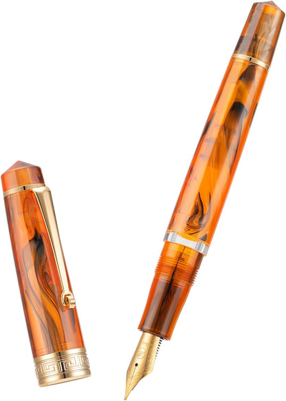 Asvine P20 Piston Fountain Pen Amber Resin, Iridium Extra Fine Nib Gold Trim Smooth Writer Collection with Case Set