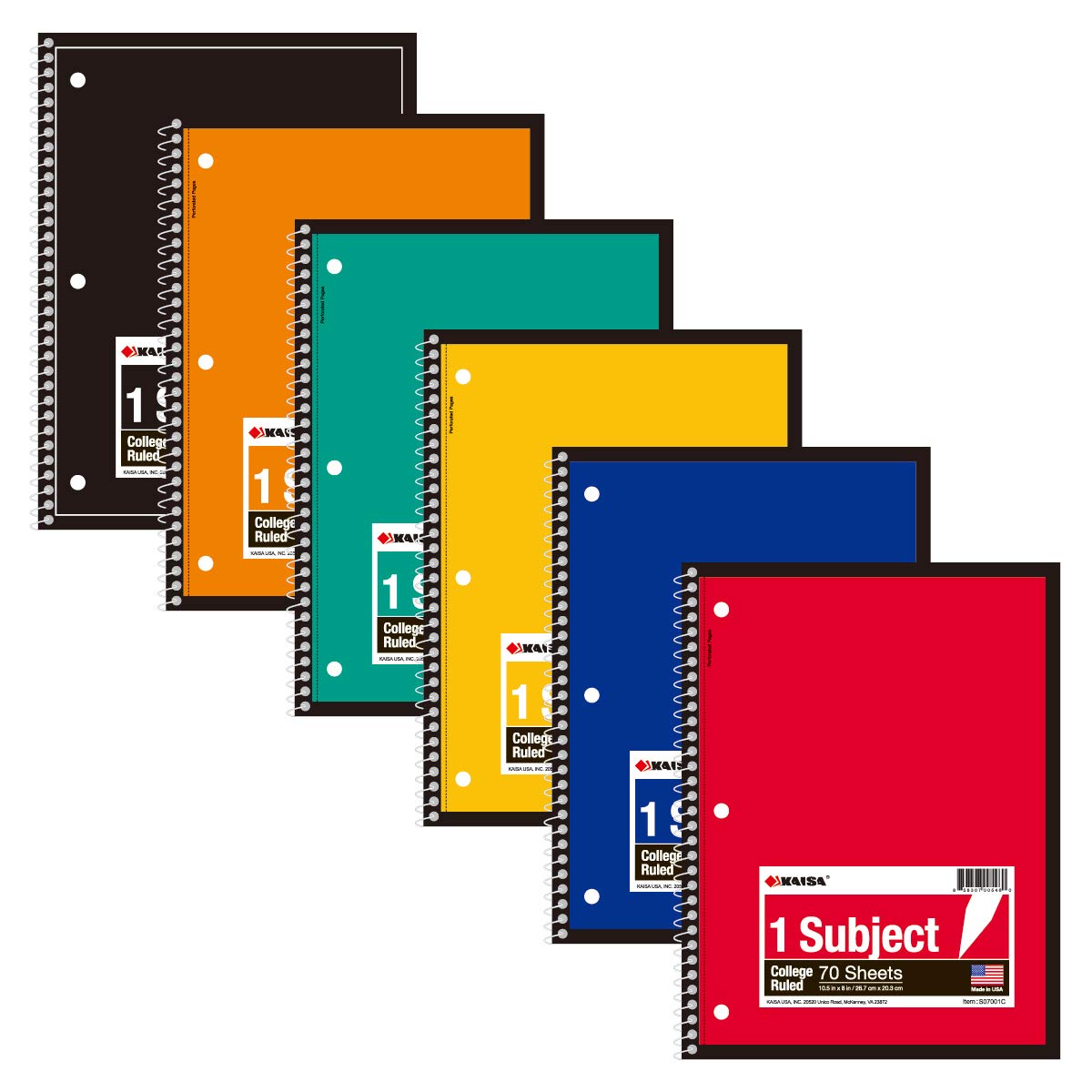 KAISA 70 Sheet 1-Subject Wirebound Notebook Spiral Notebooks, College Ruled 10.5x8 Spiral Notebooks For School Students Office, Pack of 6 Pads,S07001C