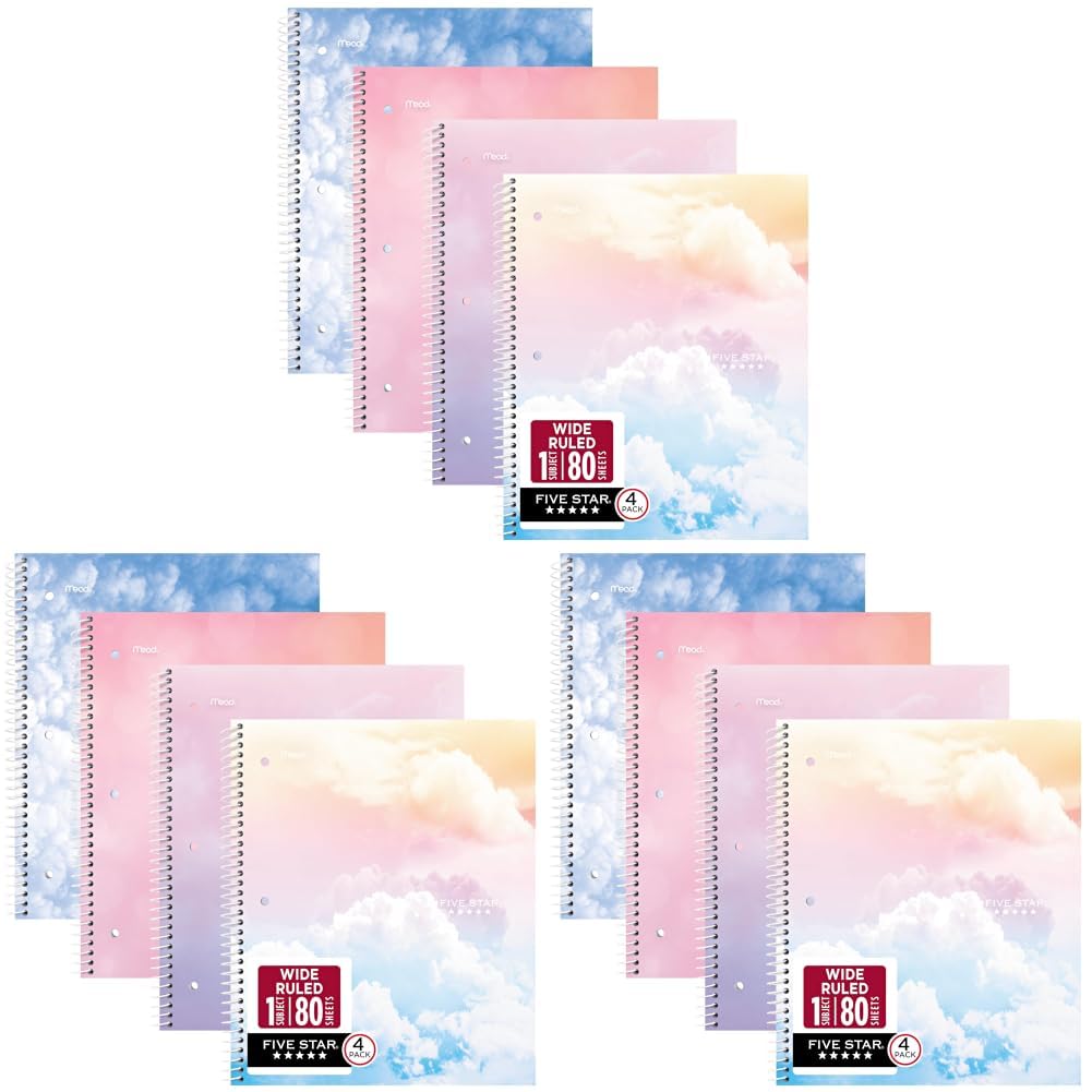 Five Star Spiral Notebook + Study App, 1 Subject, College Ruled Paper, 8-1/2" x 11", 80 Sheets, Styles, 4 Pack (850222F)