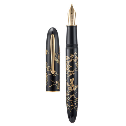 HONG DIAN Hongdian N23 Black Rabbit Fountain Pen, Long Blade Medium Nib Gold Trim, New Year Lucky Rabbit Carving Design, Smooth Writing Pen with Converter and Metal Pen Box Set