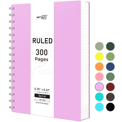 RETTACY Spiral College Ruled Notebook, 300 Pages, A5 Size (5.7" x 8.2")