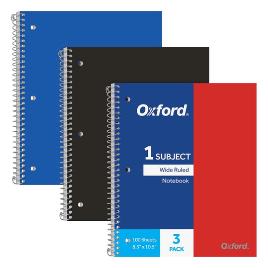 Oxford Spiral Notebooks, 1-Subject, Wide Ruled Paper, Durable Plastic Cover, 100 Sheets, Divider Pocket, 3 per Pack (10389)