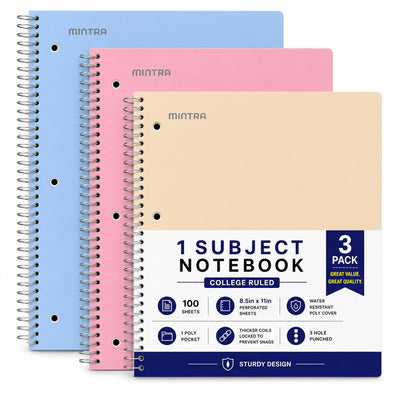 Mintra Office Durable Spiral Notebooks, 1 Subject, (Spring Pink, Sun Yellow, Arctic Ice, College Ruled 3pk)