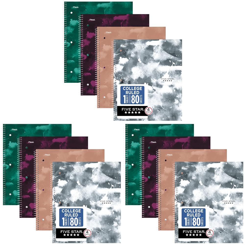 Five Star Spiral Notebook + Study App, 1 Subject, College Ruled Paper, 8-1/2" x 11", 80 Sheets, Styles, 4 Pack (850222F)