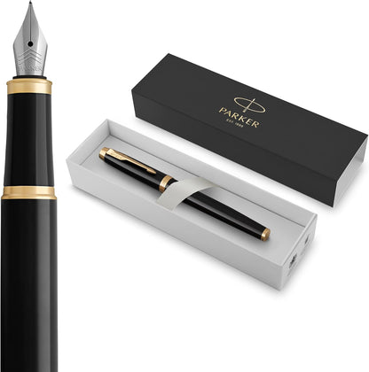Parker IM Fountain Pen, Black Lacquer with Gold Trim, Fine Nib - Includes Blue Ink Refill and Elegant Gift Box