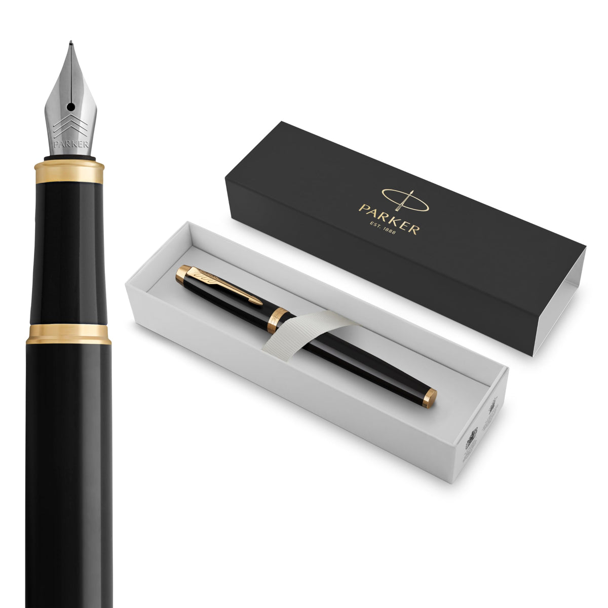 Parker IM Fountain Pen, Black Lacquer with Gold Trim, Fine Nib - Includes Blue Ink Refill and Elegant Gift Box