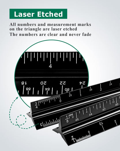 Architectural Scale Ruler 3 Pack Aluminum Triangular Ruler 12 Inch Imperial Metal Scale Ruler for Blueprint Drafting Ruler for Architect, Civil Engineer, Draftsman