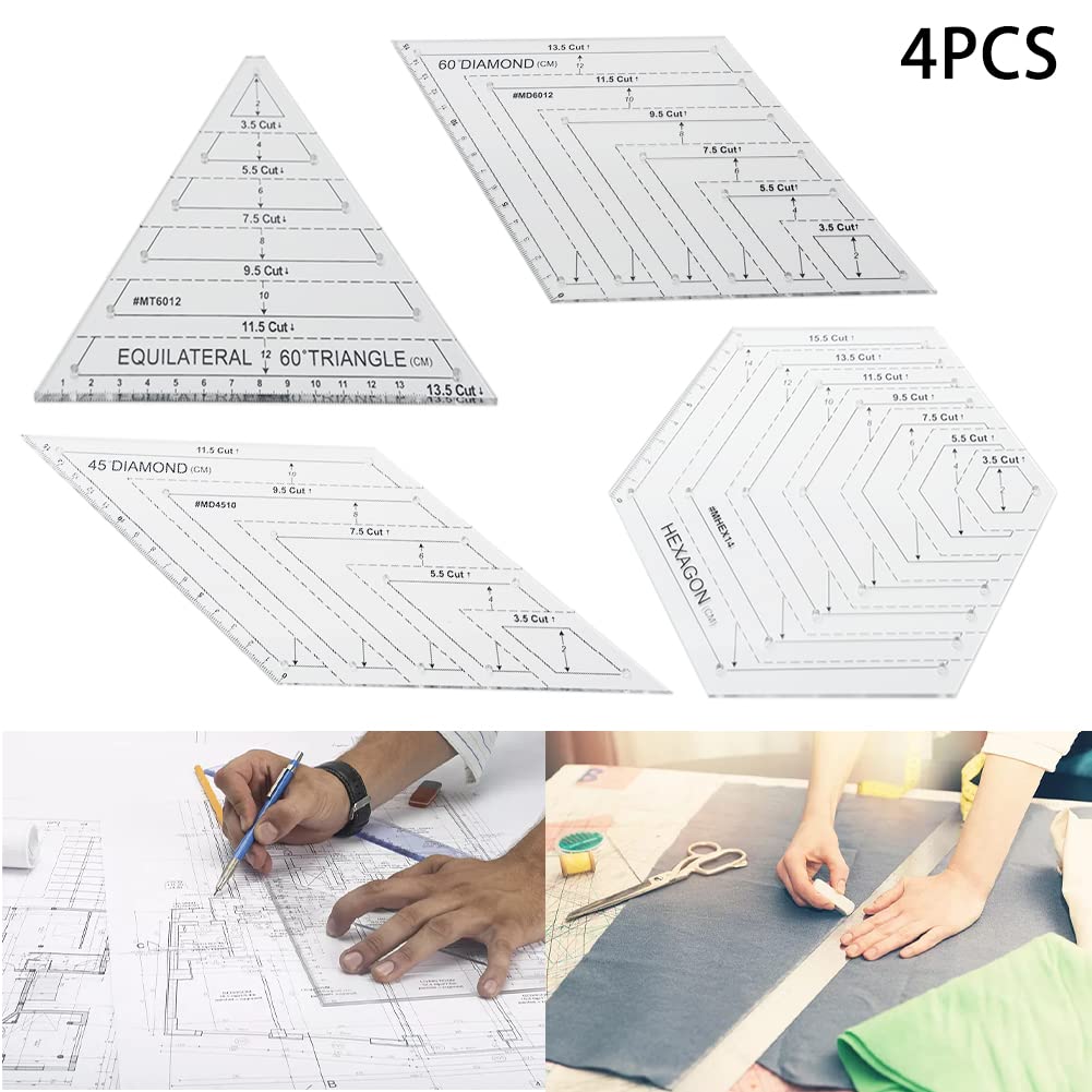 4 Pcs Quilting Rulers, Transparent Patchwork Sewing Cutting Craft Ruler, with 60 Degree Triangle and Diamond, 45 Degree Diamond, Hexagon Shape Templates Sewing DIY Tool(Transparent)