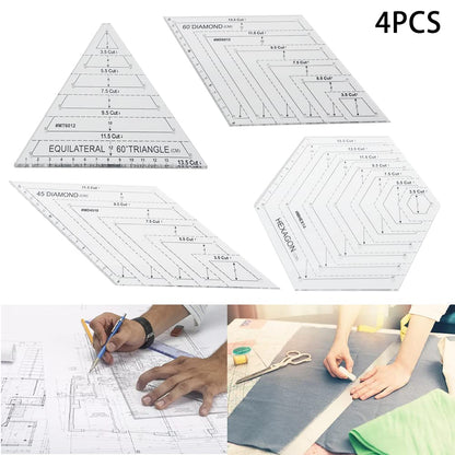 4 Pcs Quilting Rulers, Transparent Patchwork Sewing Cutting Craft Ruler, with 60 Degree Triangle and Diamond, 45 Degree Diamond, Hexagon Shape Templates Sewing DIY Tool(Transparent)