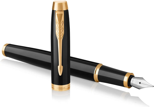 Parker IM Fountain Pen, Black Lacquer Gold Trim, Medium Nib with Blue Ink Refill, Gift Box (1931652)