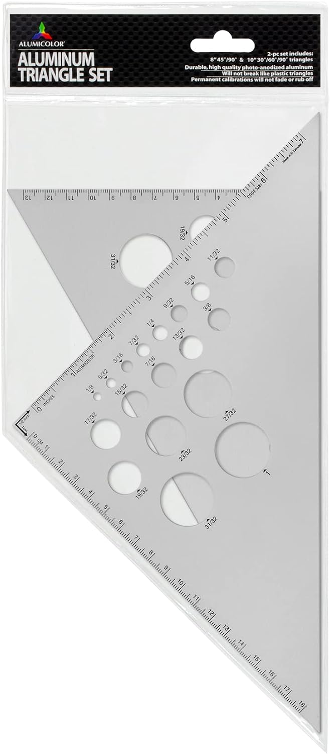 Alumicolor Aluminum 8 Inch & 10 Inch Calibrated Drafting Triangle 2 Piece Set, 30/60 (10 Inch) & 45/90 (8 Inch)