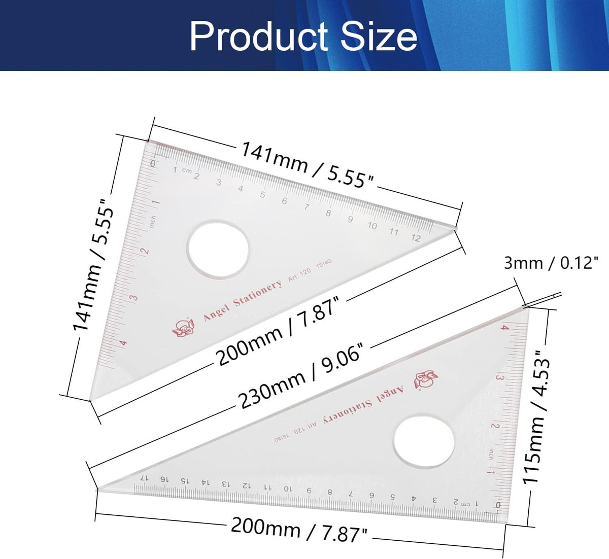 Clear 45/90 30/60 Triangular Set Plexiglass Metric/Inch 12cm/4.72 Inch 45/90 and 17cm/6.69 Inch 30/60 Degree Triangle for Learning 1 Set