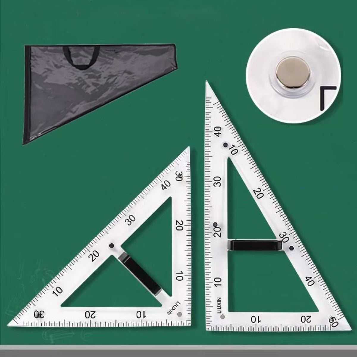 Magnetic Triangular Scale Ruler Set Drafting Tools Mathematics Protractor Pencil Compass, Math Geometry Classroom Teaching Measurement Set Oversized Ruler (4-pcs Ruler Compass Protractor)