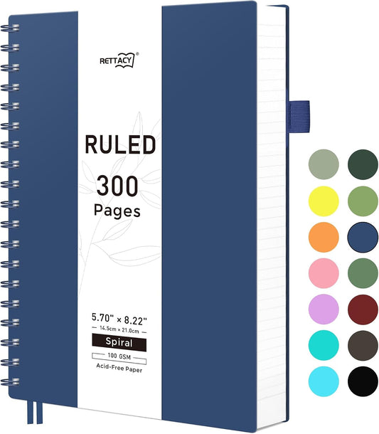 RETTACY Spiral College Ruled Notebook, 300 Pages, A5 Size (5.7" x 8.2")