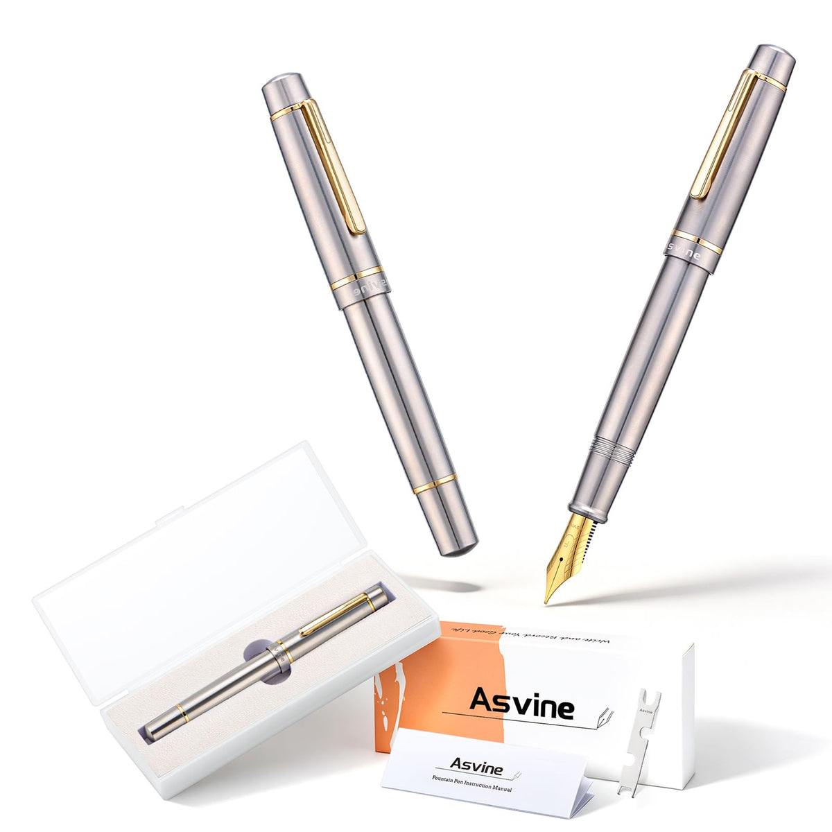 Asvine P100 Brushed Titanium Piston Fountain Pen, #8 Extra Fine Nib Writer