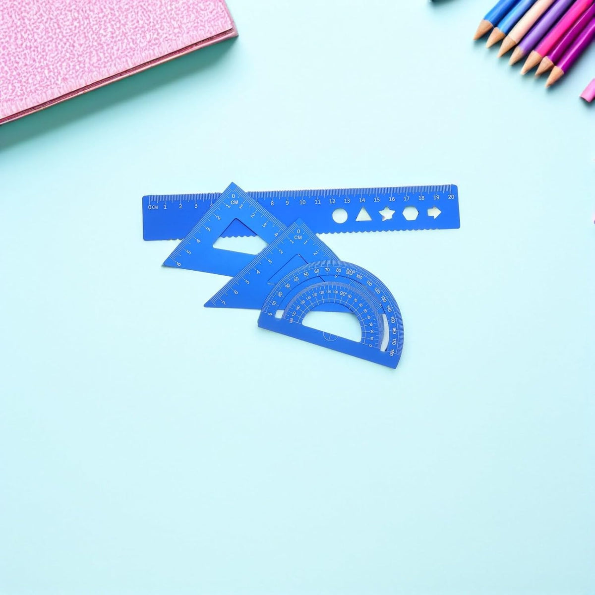 8pcs Geometry Ruler Set with Protractor and Triangular Scale Precision Math Drafting Tools for School and Office Clear Scale Markings for Accurate Technical Drawing and Measurement