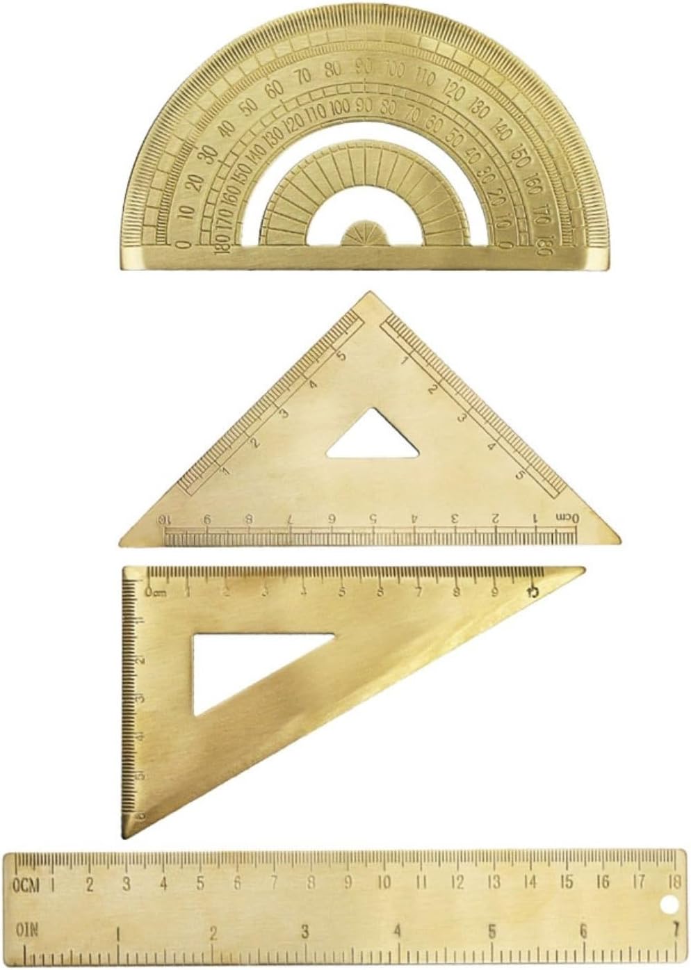 Solid Brass Golden Ruler Kit With Isosceles Triangle, Right Angle Triangle, 18Cm Measuring Scale And Protractor For School Or Office Use