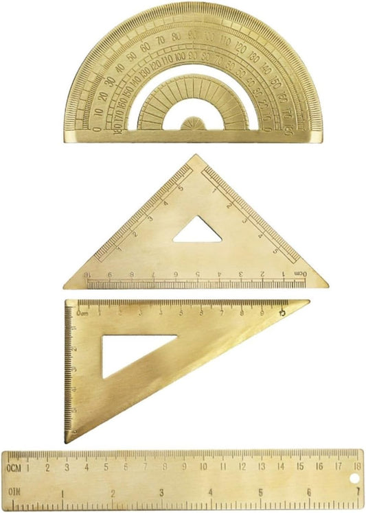 Solid Brass Golden Ruler Kit With Isosceles Triangle, Right Angle Triangle, 18Cm Measuring Scale And Protractor For School Or Office Use