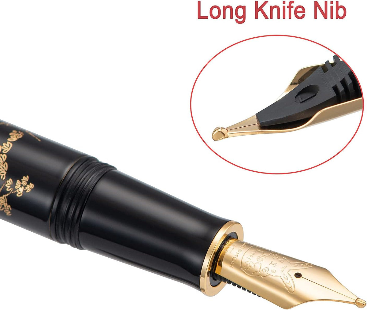 HONG DIAN Hongdian N23 Black Rabbit Fountain Pen, Long Blade Medium Nib Gold Trim, New Year Lucky Rabbit Carving Design, Smooth Writing Pen with Converter and Metal Pen Box Set