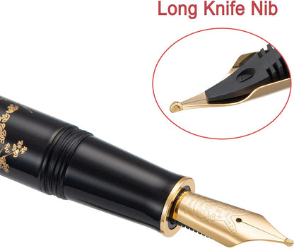 HONG DIAN Hongdian N23 Black Rabbit Fountain Pen, Long Blade Medium Nib Gold Trim, New Year Lucky Rabbit Carving Design, Smooth Writing Pen with Converter and Metal Pen Box Set