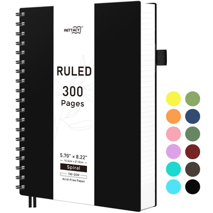 RETTACY Spiral College Ruled Notebook, 300 Pages, A5 Size (5.7" x 8.2")