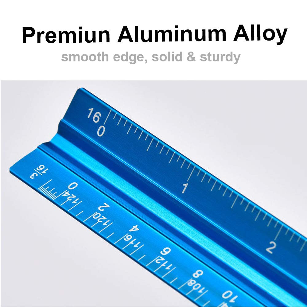 Set of 3 Aluminum Engineering Scale Metal Ruler Set, Architectural Scale Rulers 12 Inch and 6 Inch Triangle Ruler and 12 Inch Straight Edge Ruler Drafting Tools for Architects, Draftsman