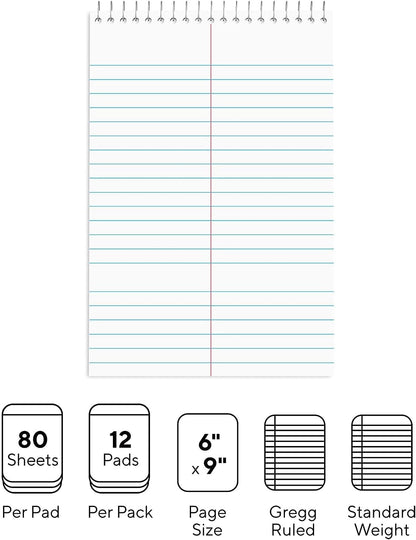 Staples Steno Notepads, 6x9 Inch, Gregg Ruled, Wirebound, 12-Pack