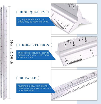Glarks 16 Pieces Measuring Templates Building Formwork Stencils Geometric Drawing Rulers and Triangular Architect Scale Ruler with Pencil, Pencil Lead Refills, Eraser for Office and School