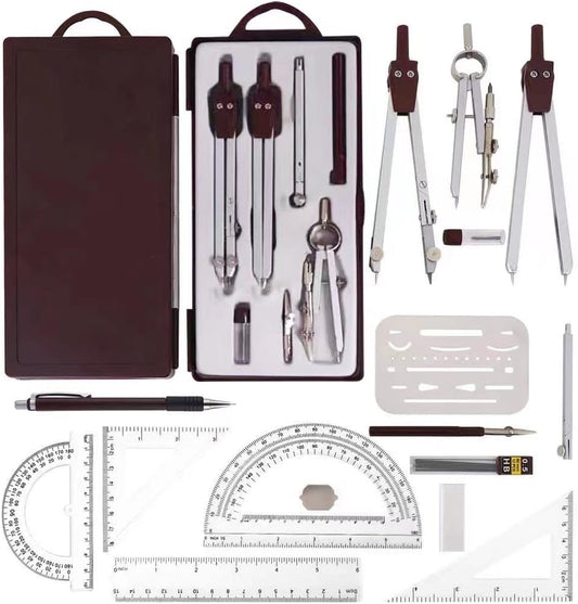 NEWSOURCE Metal Geometry Drawing Compass Drafting Kit, Engineering & Architecture School Tool Set with Set Square, Protractor, Erasing Shield and More, Net Weight 8.5Oz