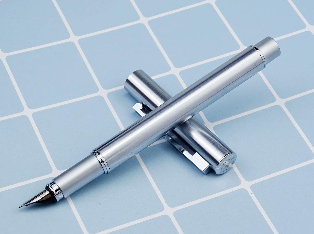 Hongdian 516 Stainless Steel Fountain Pen Fine Nib, Classic Design with Converter and Pen Pouch