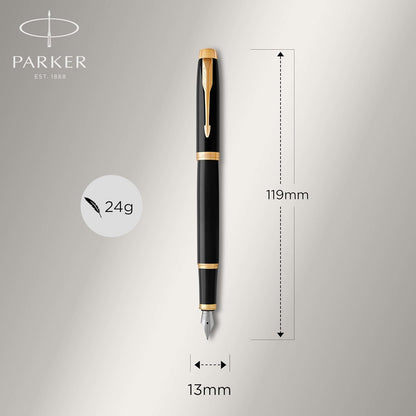Parker IM Fountain Pen, Black Lacquer Gold Trim, Medium Nib with Blue Ink Refill, Gift Box (1931652)
