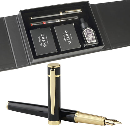 Fountain Pen Set, Elegant Executive Fine Nib Pen with Ink Converter, Refill Tool, Black & Assorted Cartridges, Bottled Ink, Gift for Journaling, Writing, Office and Beginners (Black & Gold)