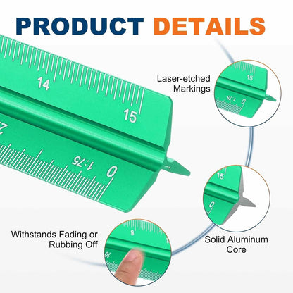 HARFINGTON 2 Pcs Architectural Scale Ruler, 12 Inch Metric Aluminum Alloy Architect Triangular Small Scale Laser-Etched Blueprint Drafting Ruler for Architects Engineers, Green