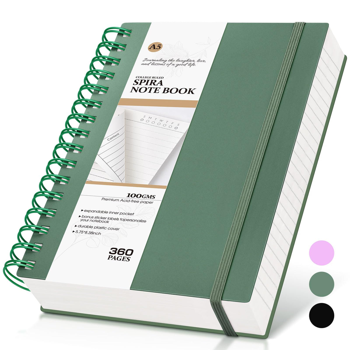 Spiral Notebook Journal, 360 Pages College Ruled Notebooks, Lined Thick Journals for Women Men,B5 Big Spiral Notebooks with 100GSM Paper, Spiral Bound Journal for Writing Work School Green 7.6"×10"