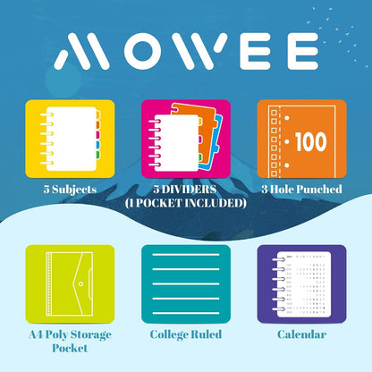 Spiral Notebook - 5 Subject Notebook, College Ruled Notebook 3-Hole Punched With Dividers, Storage Pockets, 11" Ruler, 200 Pages, for Writing Journal, Home &Office, School Supplies（Black）