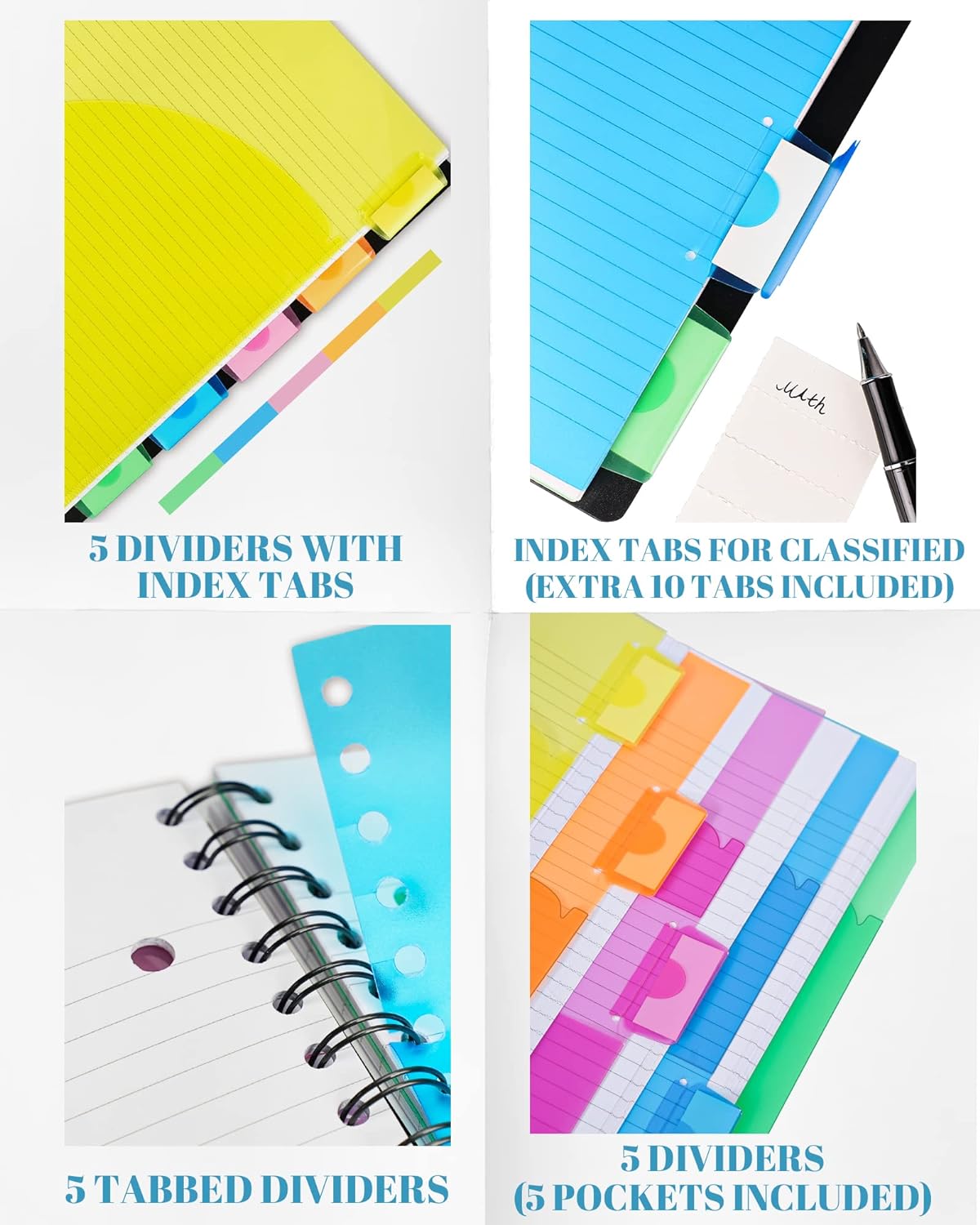Spiral Notebook - 5 Subject Notebook, College Ruled Notebook 3-Hole Punched With Dividers, Storage Pockets, 11" Ruler, 200 Pages, for Writing Journal, Home &Office, School Supplies（Black）
