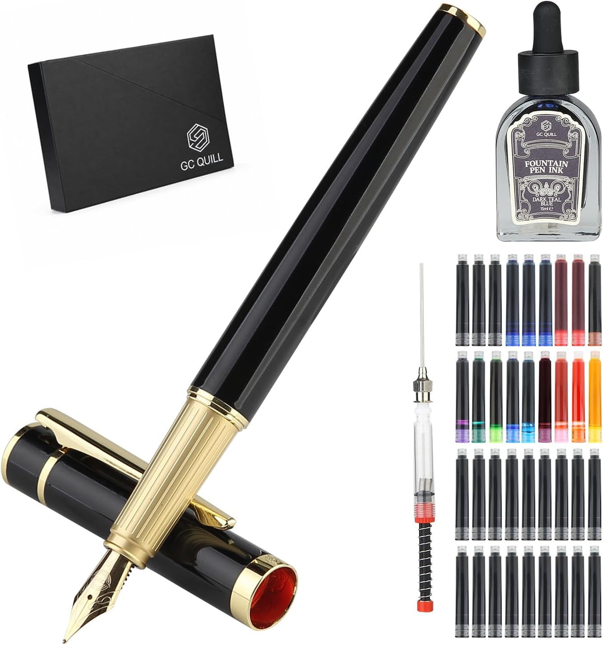 Fountain Pen Set, Elegant Executive Fine Nib Pen with Ink Converter, Refill Tool, Black & Assorted Cartridges, Bottled Ink, Gift for Journaling, Writing, Office and Beginners (Black & Gold)