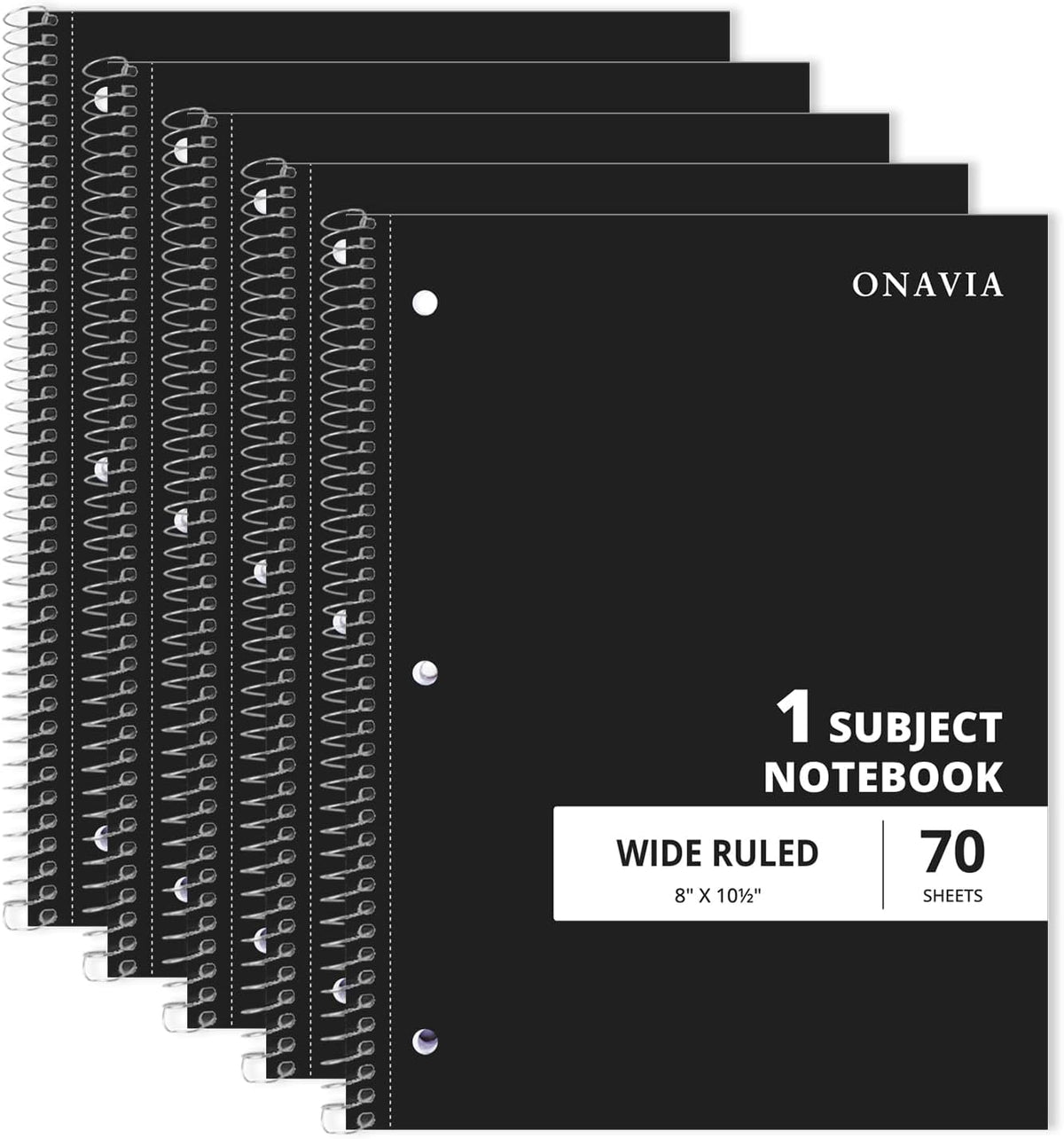 ONAVIA 1 Subject Spiral Notebook Wide Ruled 5 Pack, 140 Pages, Black
