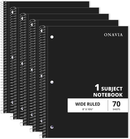 ONAVIA 1 Subject Spiral Notebook Wide Ruled 5 Pack, 140 Pages, Black