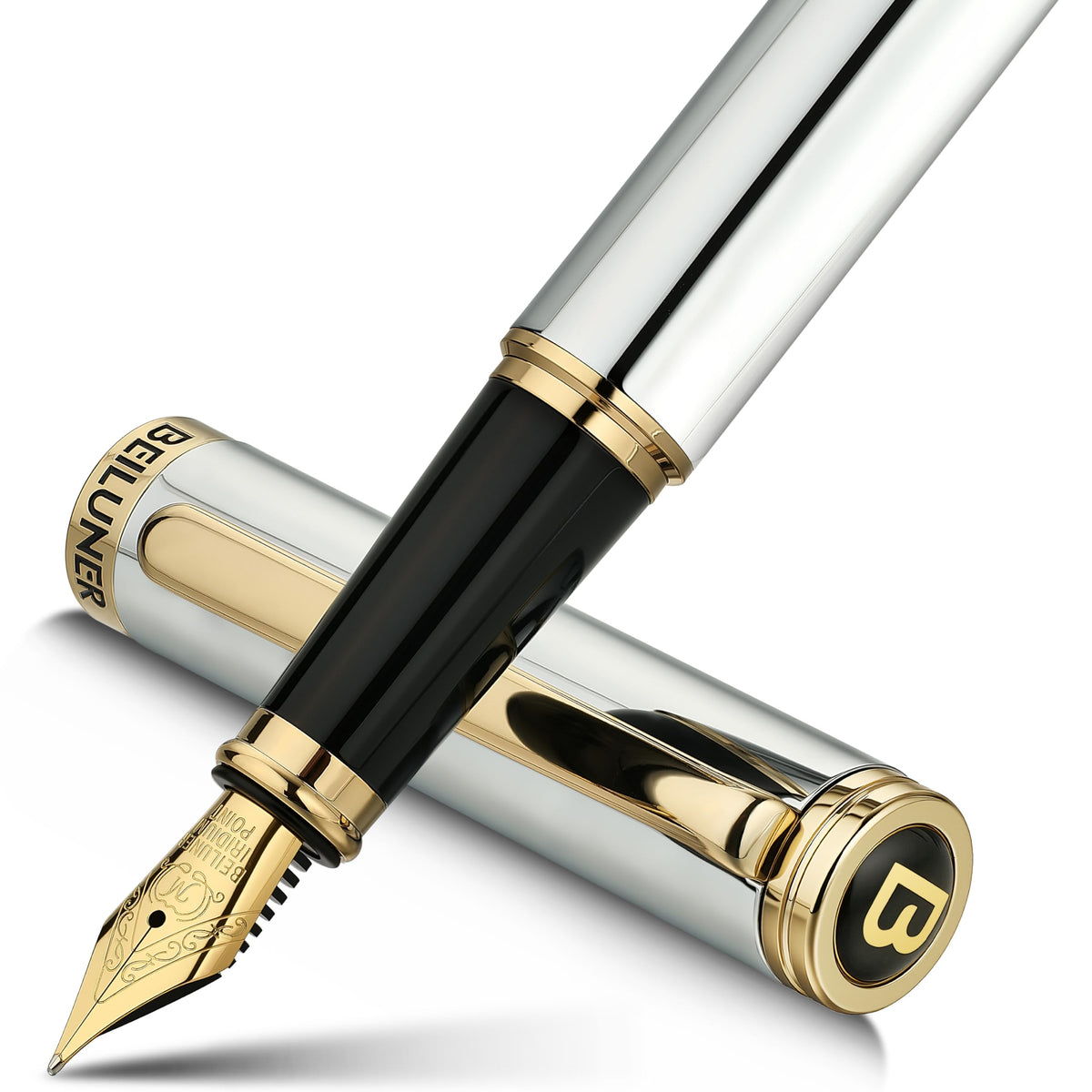 BEILUNER Blue Fountain Pen, 24K Gold Accents, Gorgeous 24K Gilded Nib(Fine)