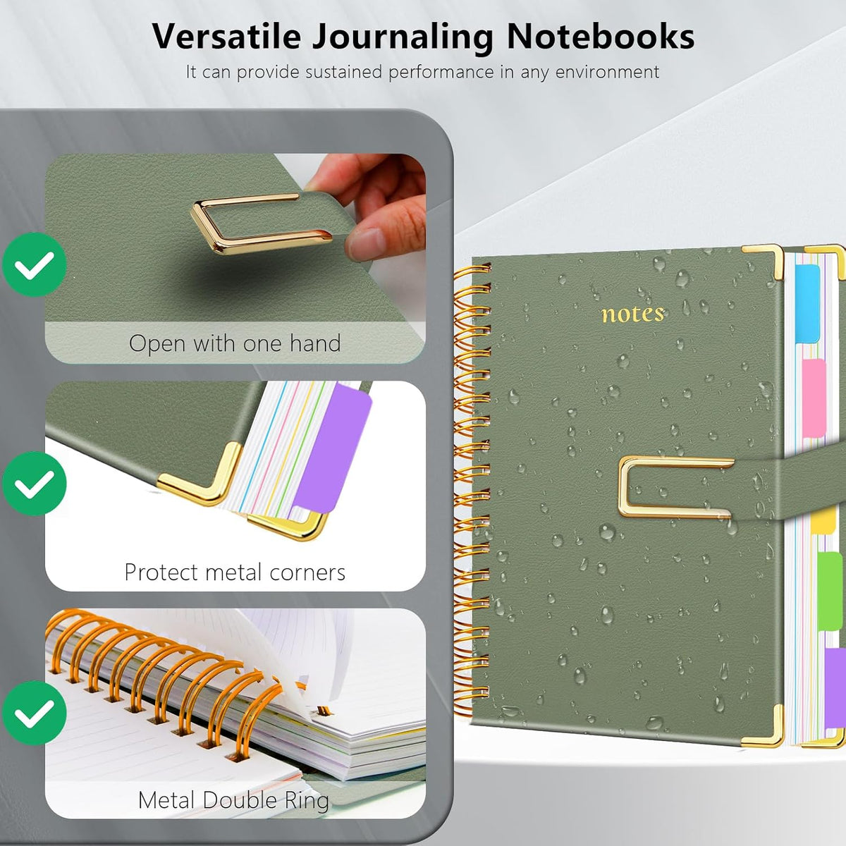 Hardcover Spiral Notebook College Ruled, 6.2"x 8.2" Leather Journal Notebook with Magnetic Closure, 300 Pages 5 Subject Notebook with Dividers Tabs Journal for Women Men, Work, School(Sage Green)