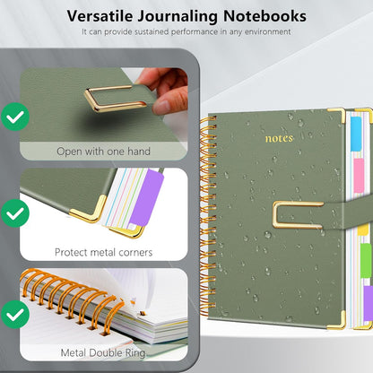 Hardcover Spiral Notebook College Ruled, 6.2"x 8.2" Leather Journal Notebook with Magnetic Closure, 300 Pages 5 Subject Notebook with Dividers Tabs Journal for Women Men, Work, School(Sage Green)