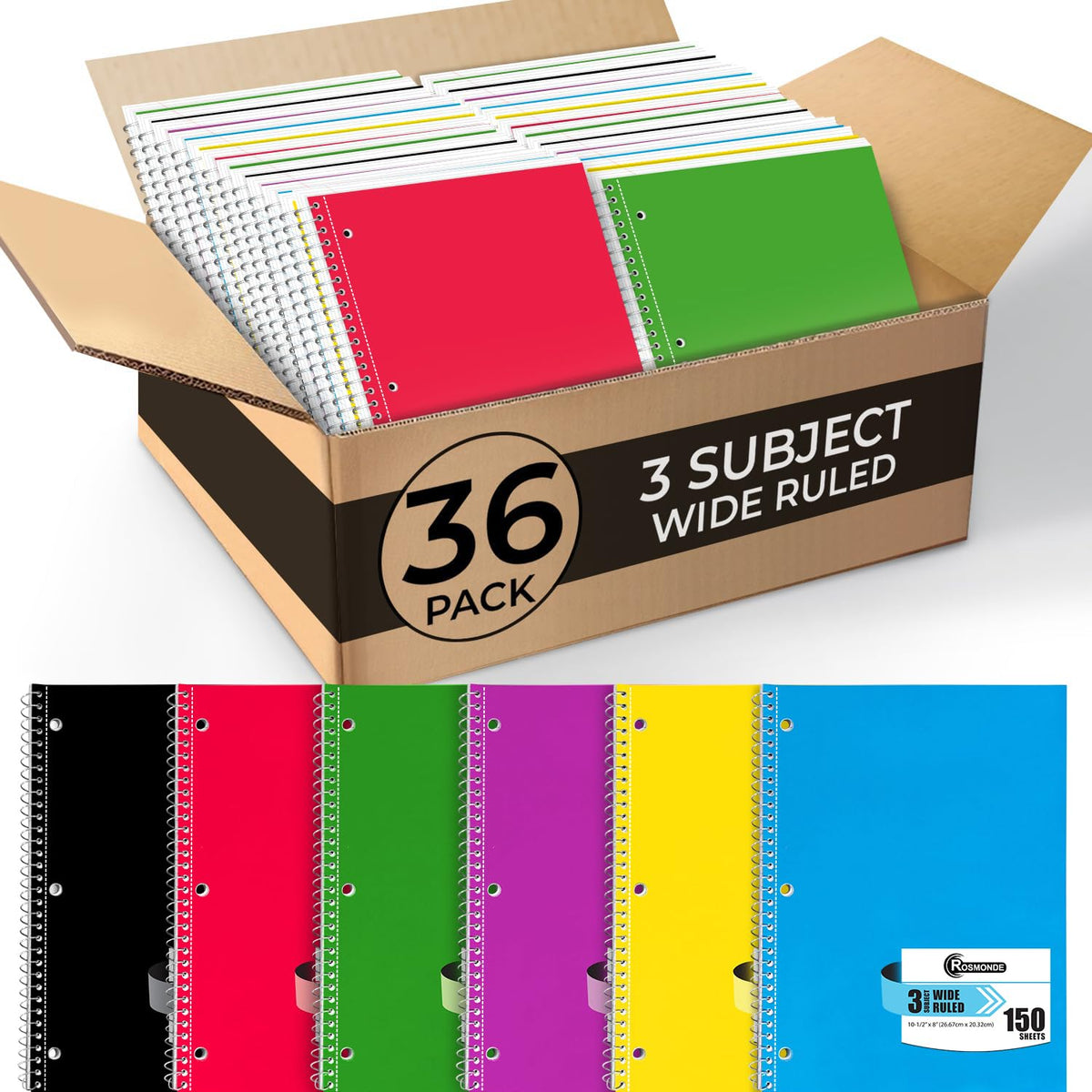 Rosmonde 24 Pack, 5 Subject Notebook Wide Ruled, 150 Sheets (300 Pages)