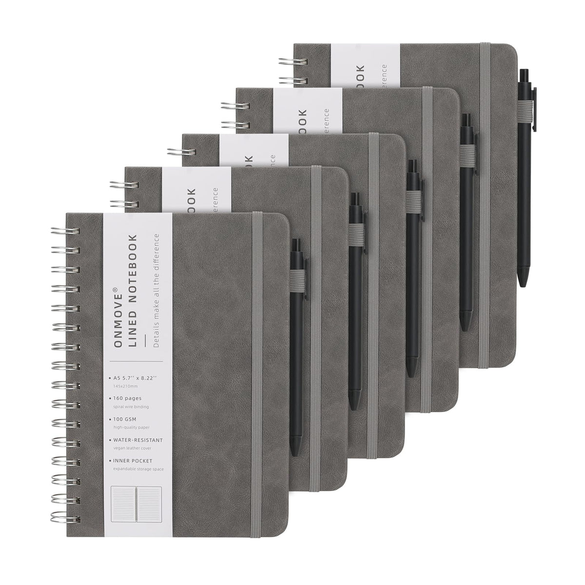Spiral Notebooks Journal for Women Men 5 Pack Bulk Leather Hardcover with Pen Holder A5 160 Pages 100 GSM Thick Paper for Work School (Black)