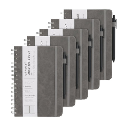 Spiral Notebooks Journal for Women Men 5 Pack Bulk Leather Hardcover with Pen Holder A5 160 Pages 100 GSM Thick Paper for Work School (Black)