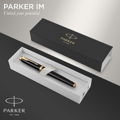 Parker IM Fountain Pen, Black Lacquer with Gold Trim, Fine Nib - Includes Blue Ink Refill and Elegant Gift Box
