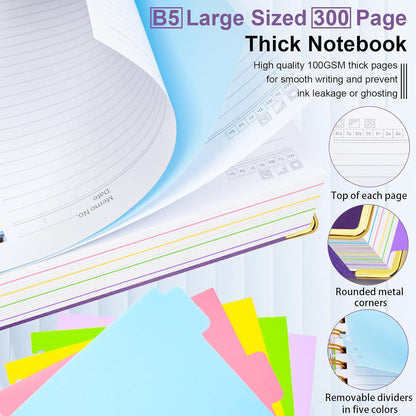 Hardcover Spiral Notebook 8"x10" Journal Notebook with Tabs and Removable Dividers 300 Pages 5 Subject Notebook College Ruled, Faux Leather Spiral Bound Notebook for Women School Work (Purple)
