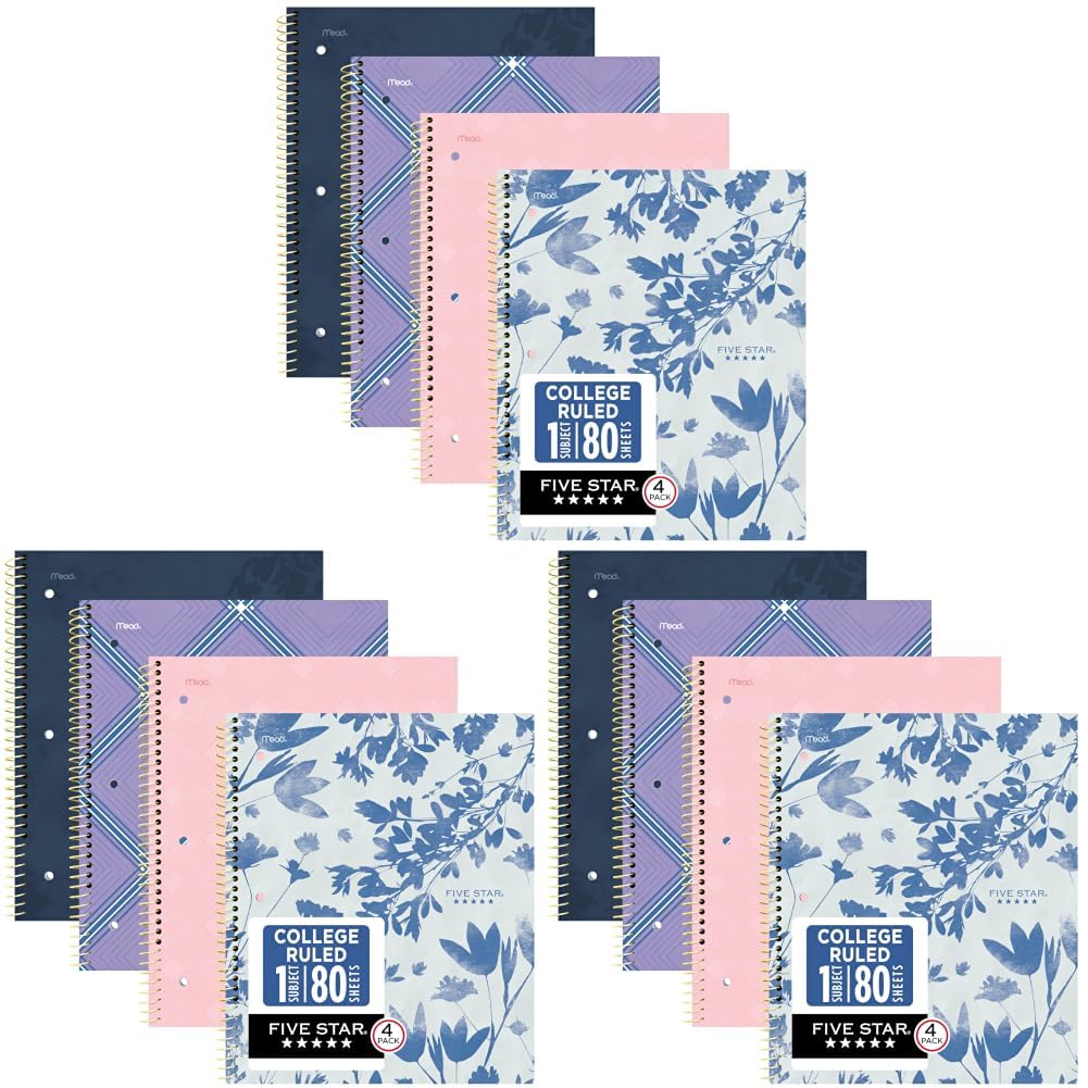 Five Star Spiral Notebook + Study App, 1 Subject, College Ruled Paper, 8-1/2" x 11", 80 Sheets, Styles, 4 Pack (850222F)