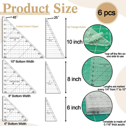 6 Pieces Folded Corner Ruler 6 8 10 Inch Quilting Template Triangle Ruler, 45 Degree Acrylic Triangle Quilt Template, Sewing Templates for Sewing Cutting Cutter Tools, Transparent